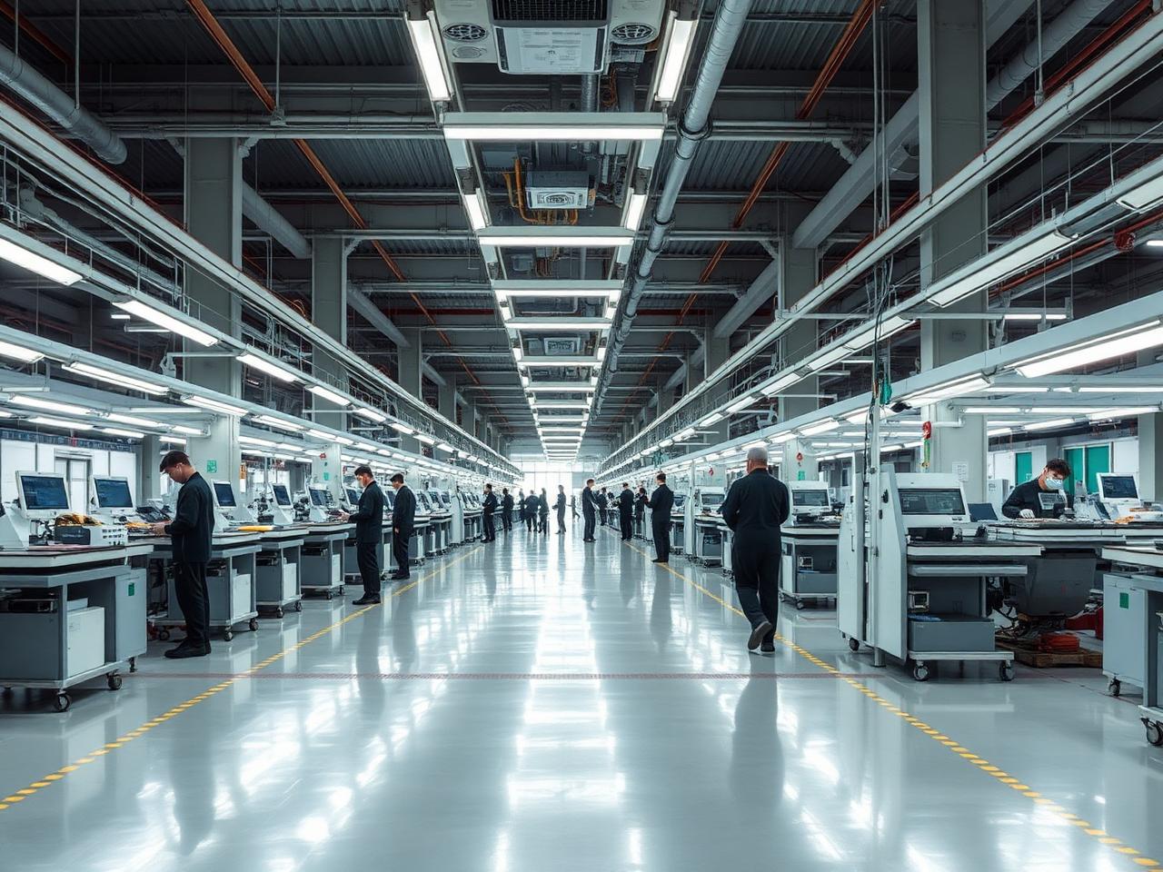 Atelier de production chinois propre et organisé, postes de travail alignés sous un éclairage industriel